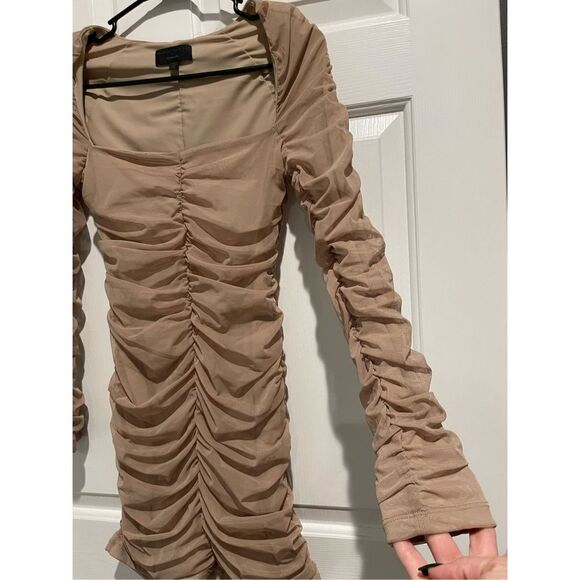 NWOT Michael Costello x REVOLVE Franky Mini Ruched Long Sleeve Nude Dress Medium - Picture 5 of 13